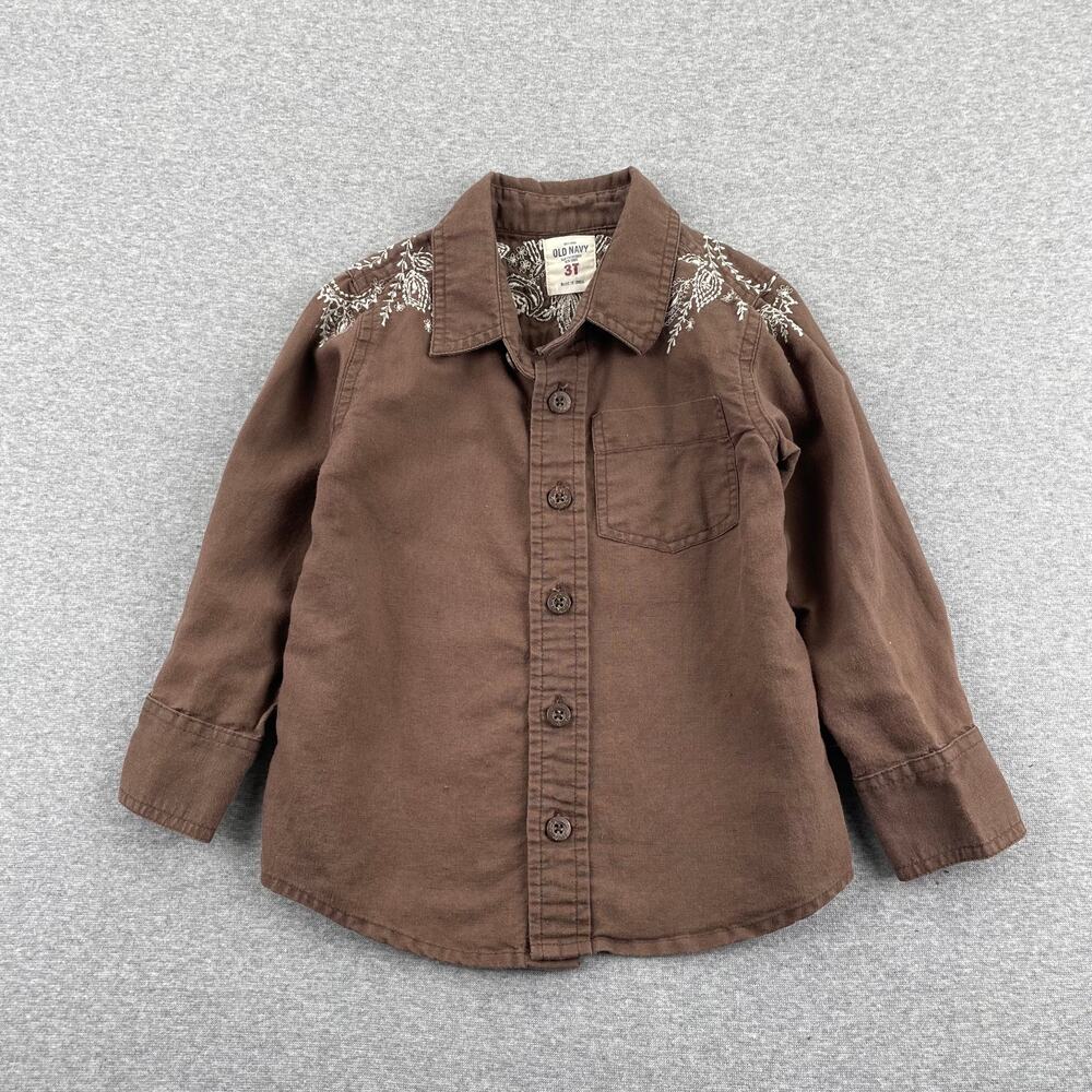 Old Navy Toddler Boys Linen Blend Shirt 3T Brown Embroidered Button-Up Western